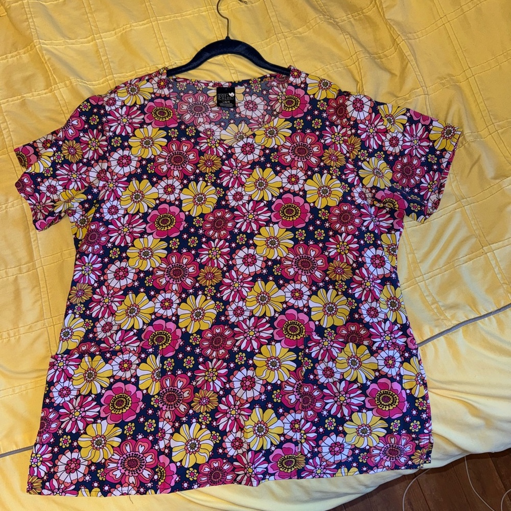 Zoe and Chloe Floral Women's scrub Top - Pink, Yellow, Navy
